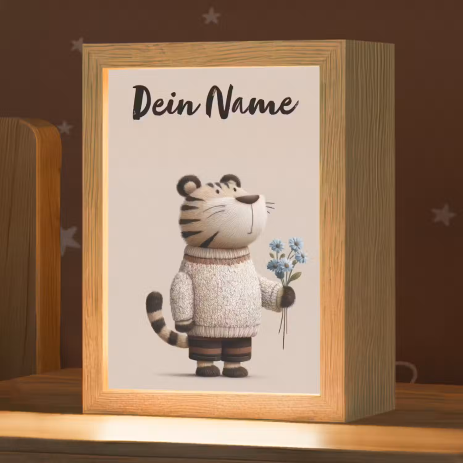 Nachtlicht Kinder mit Namen - Tiger - Blaue Blumen - Leise