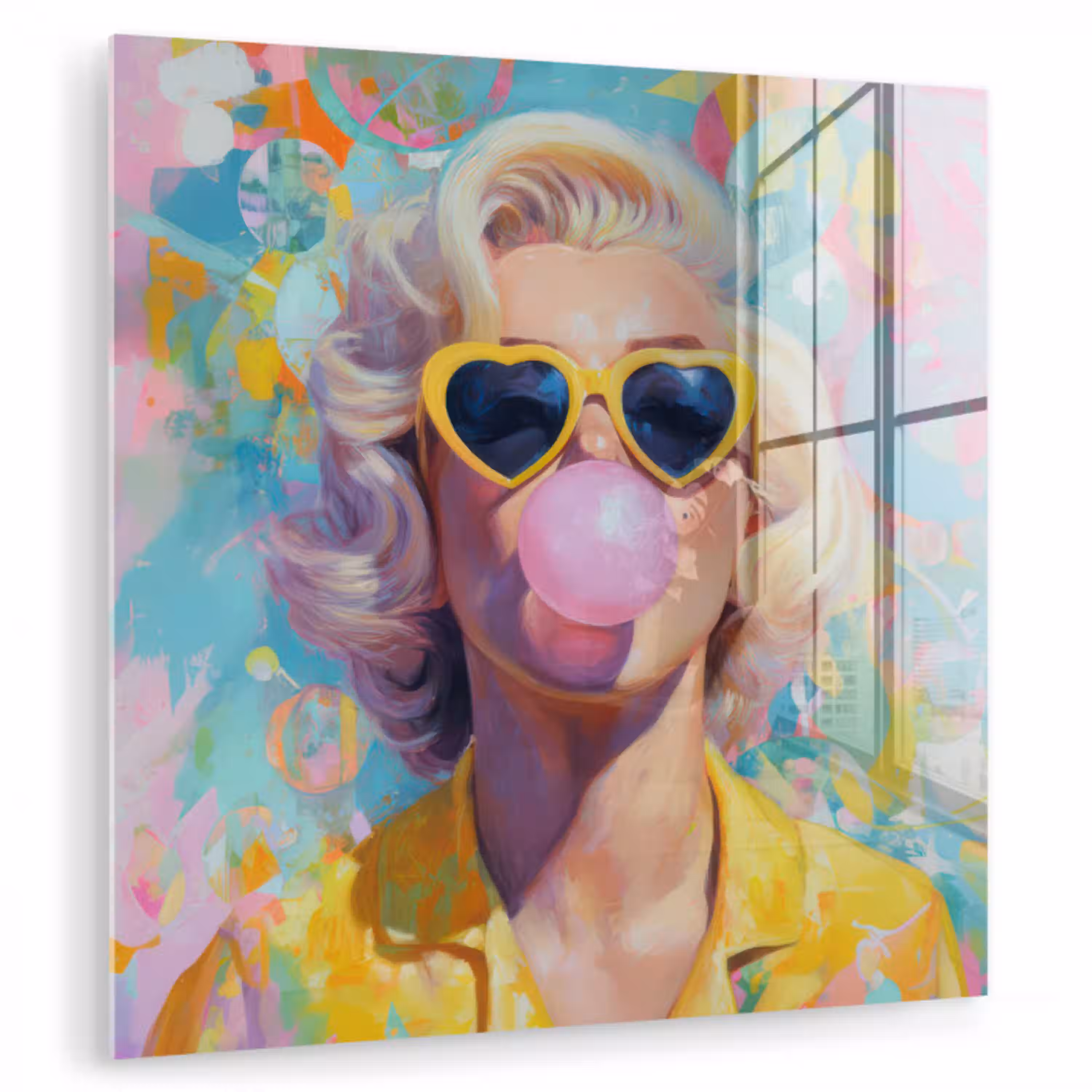 Vrouw - Blond - Roze kauwgom - Kleurrijk - Pastel plexiglas 5mm klein -zzzproduct_nieuw
