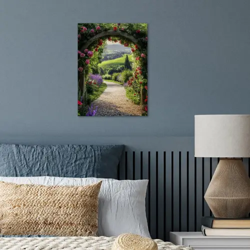 Doorkijk - Tuinboog - Bloemen - Natuur - Pad poster papier klein -sfeer2