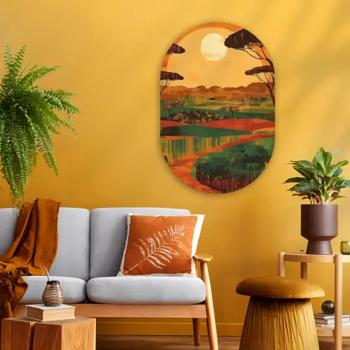 Landschap - Afrikaans - Zon Wandcirkel Ovaal Glas middel -sfeer4