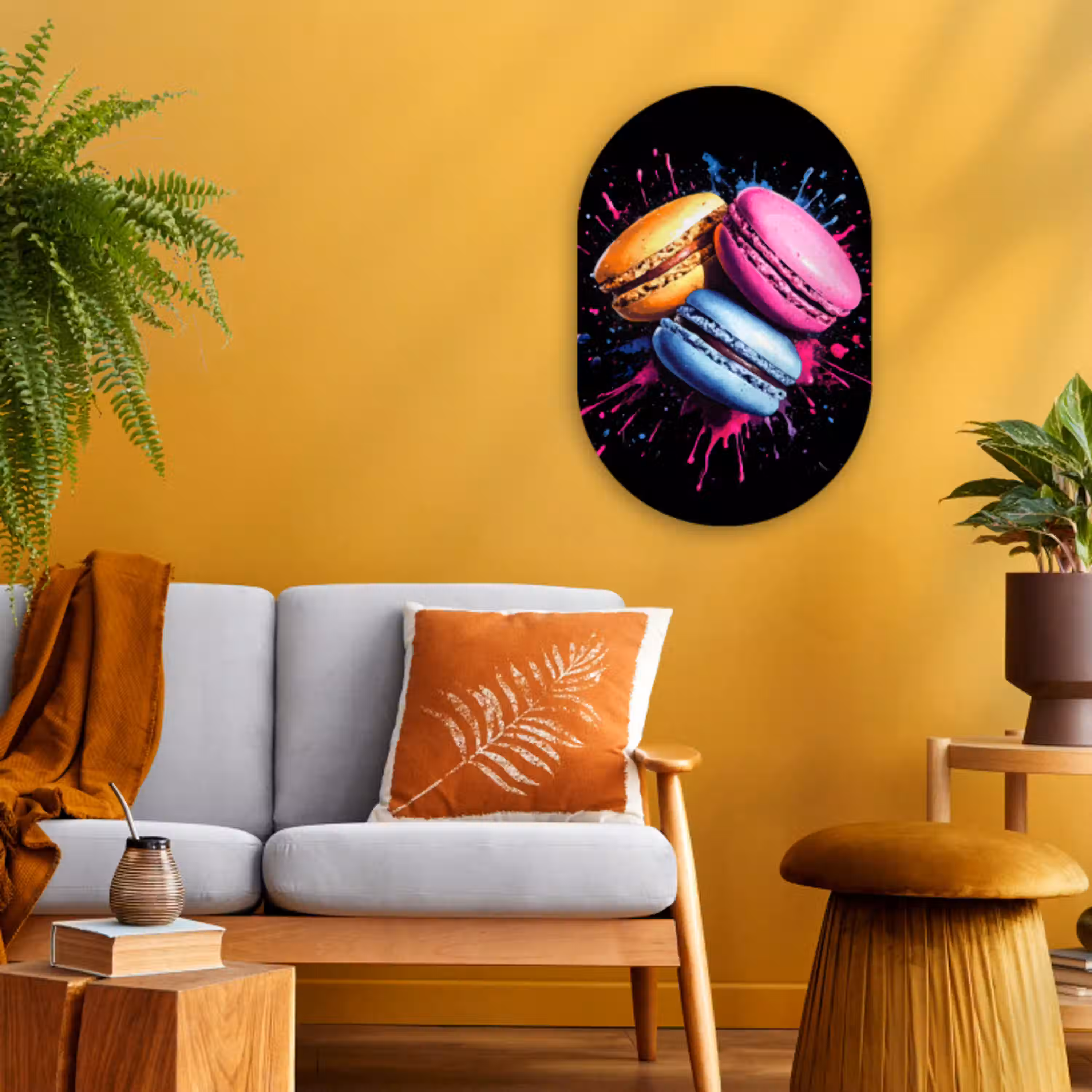 Macarons - Dessert - Graffiti - Kleurrijk - Roze - Blauw - Geel Wandcirkel Ovaal Forex klein -sfeer4