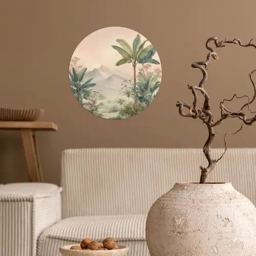 Tropisch landschap - palmbomen - Bloemen - Roze lucht Wandcirkel behangsticker klein -sfeer1