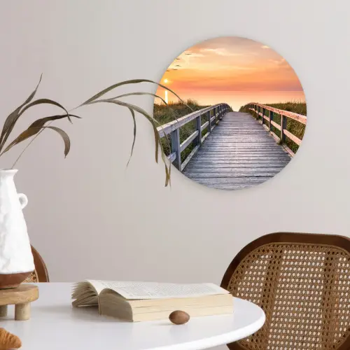 Zonsonderang - Zee - Pad - Gras - Duin - Vogels Wandcirkel kunststof plaat 5mm dik klein -sfeer4