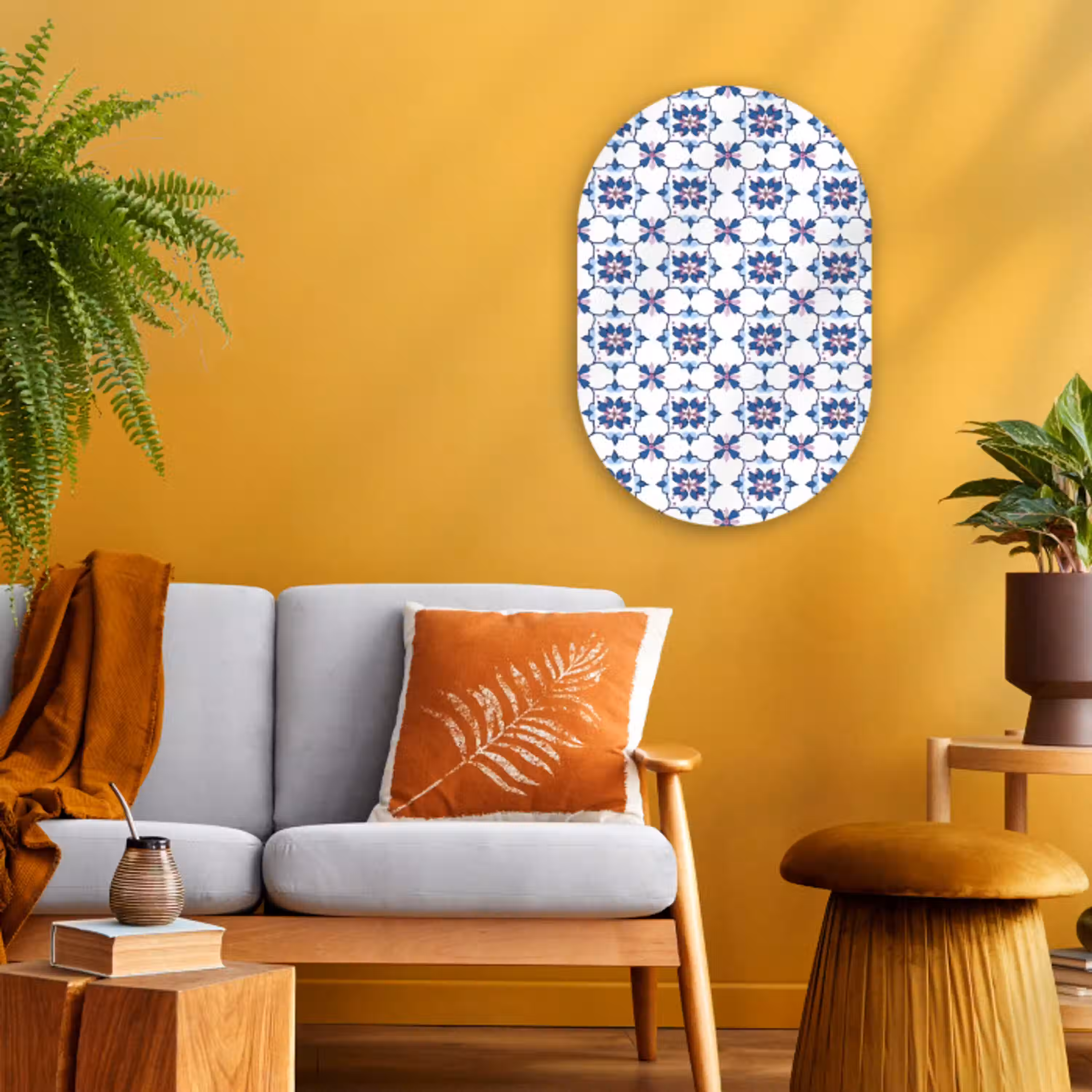 Modern - Patroon - Blauw - Roze Wandcirkel Ovaal Forex klein 630 -sfeer4