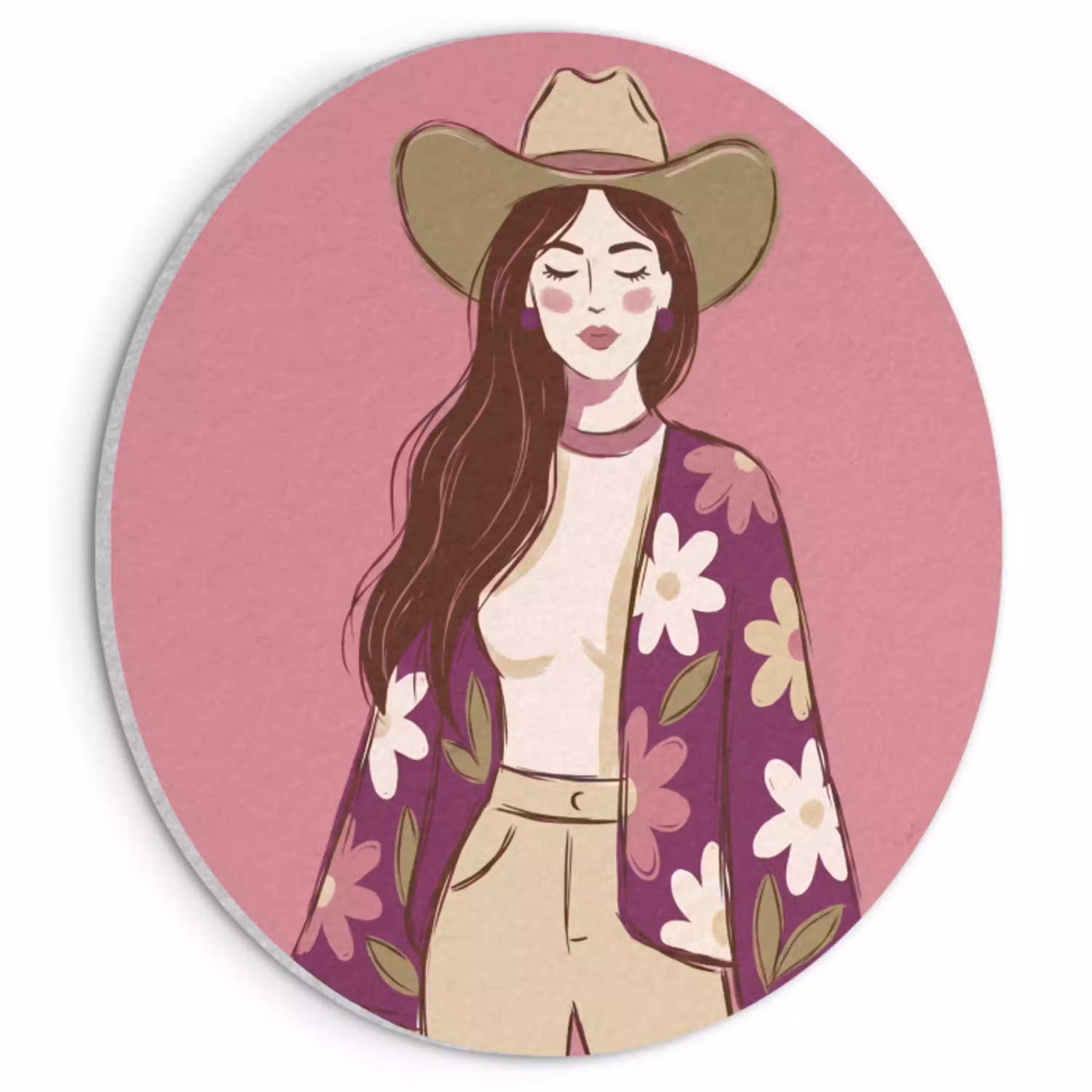 Vrouw - Hoed - Portret - Illustratie - Roze Akoestische PET Vilt - Rond klein -3d