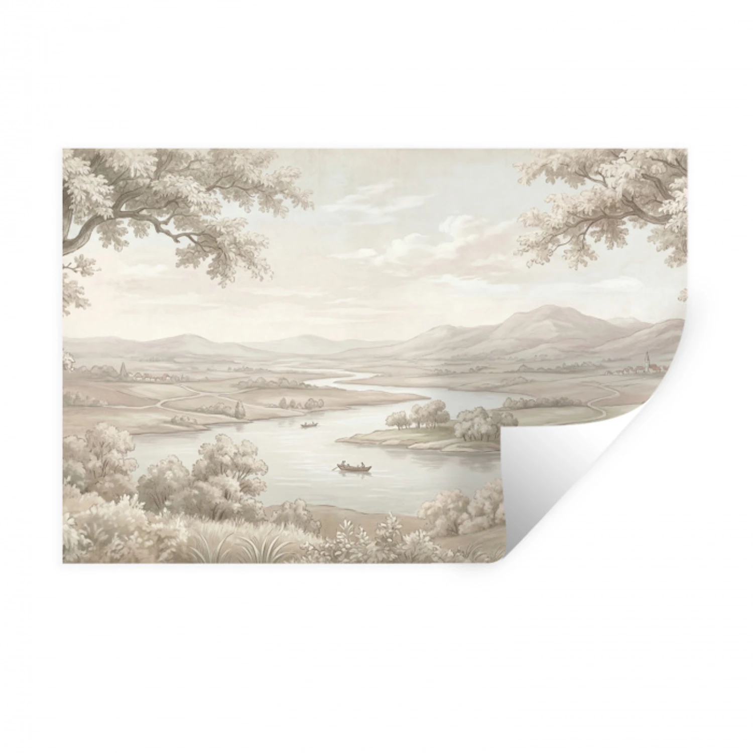 Rivierlandschap - Bergen - Natuur - Vintage - Beige Muursticker klein -3d