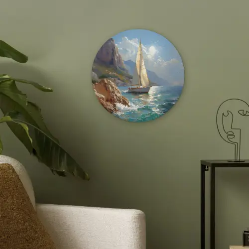 Zeilschip - Zee - Rotsen - Wolken Akoestische PET Vilt - Rond klein -sfeer2