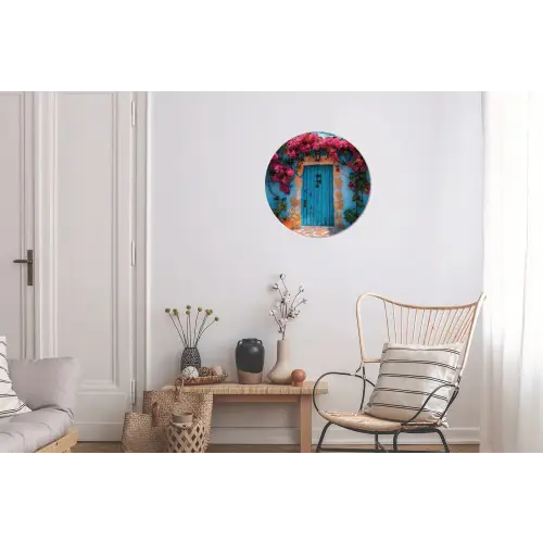 Deur - Hout - Bloemen - Blauw Wandcirkel aluminium klein -woonkamer