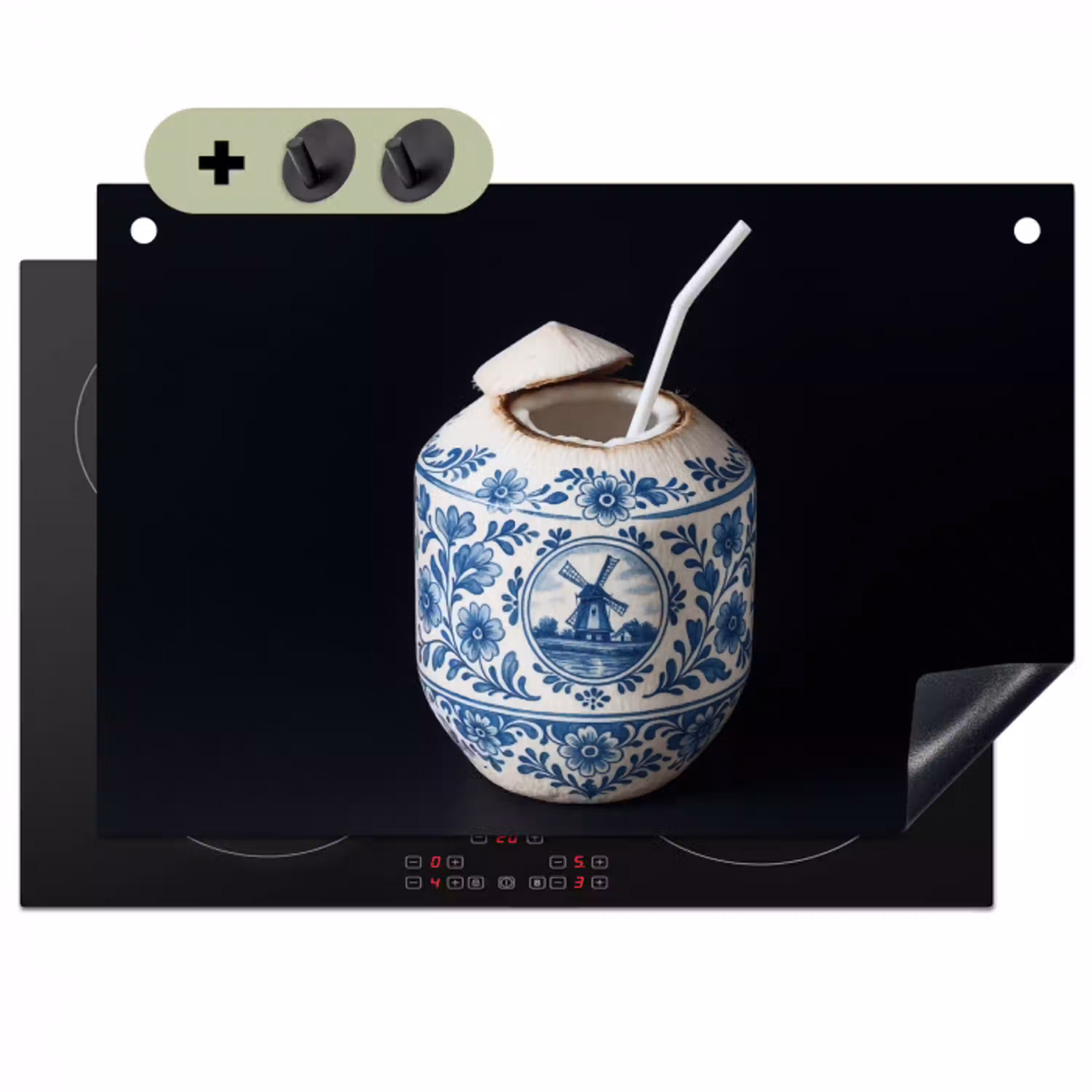 Kokosnoot - Eten - Delfts blauw - Drinken Inductie beschemer met haakjes klein -3d