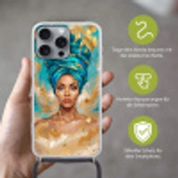 Portret - Vrouw - Schilderij - Blauw - Goud - Expressief Hoesje iPhone 16 Pro Max met koord klein -sfeer2_DE