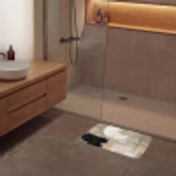 Abstract - Cirkel - Modern - Beige - Zwart - Minimalistisch Badmat klein -sfeer2