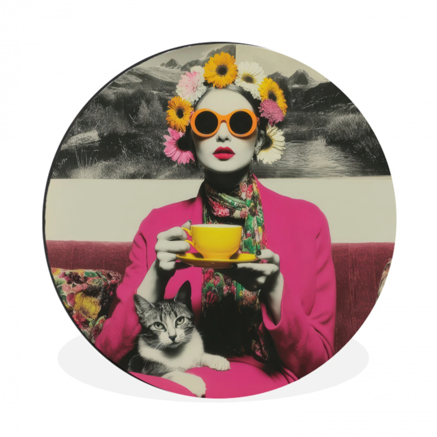 Vrouw - Kat - Bloemen - Kopje - Retro Wandcirkel aluminium klein -3d
