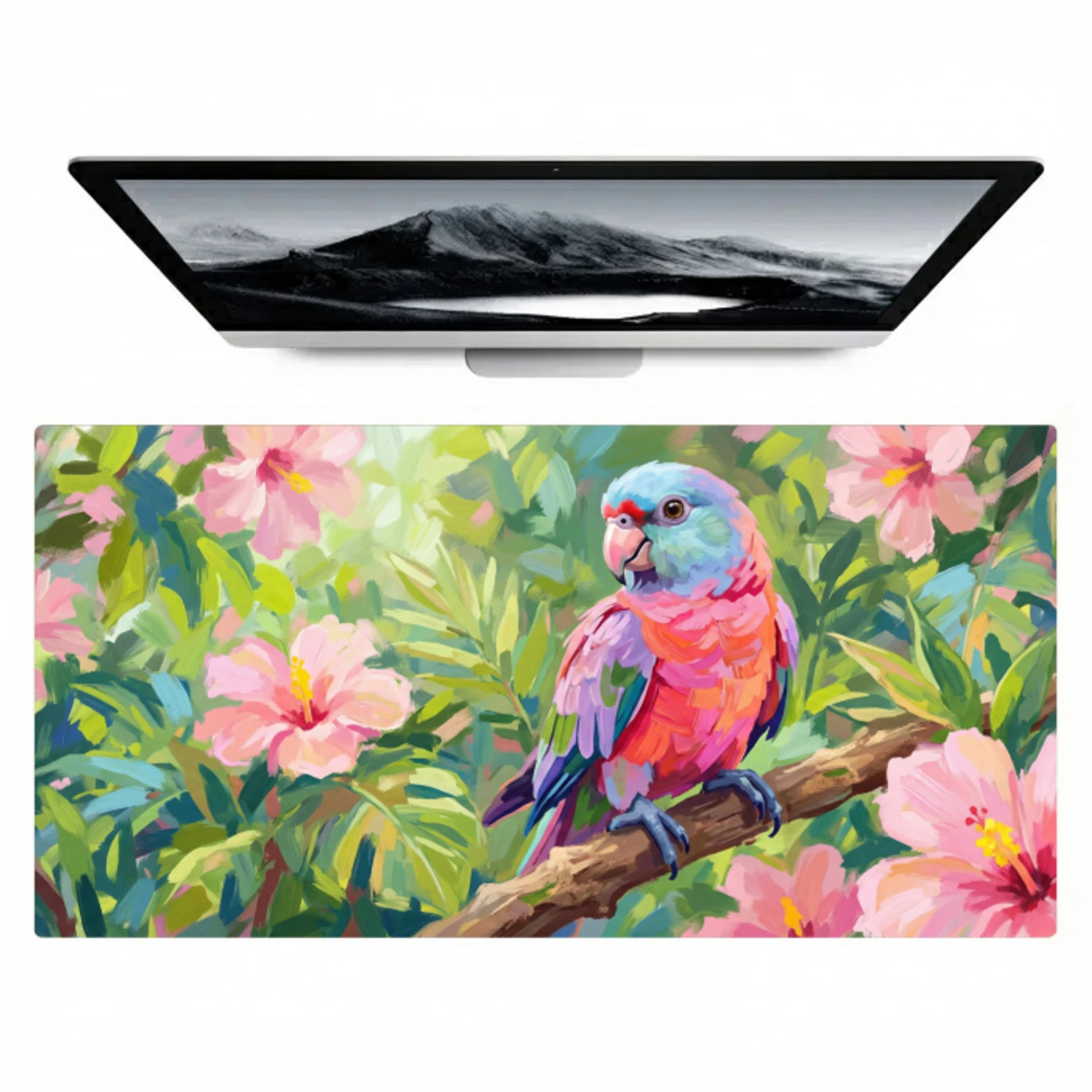 Papagaai - Hibiscusbloemen - Kleurrijk Muismat XXL klein -zzz3d