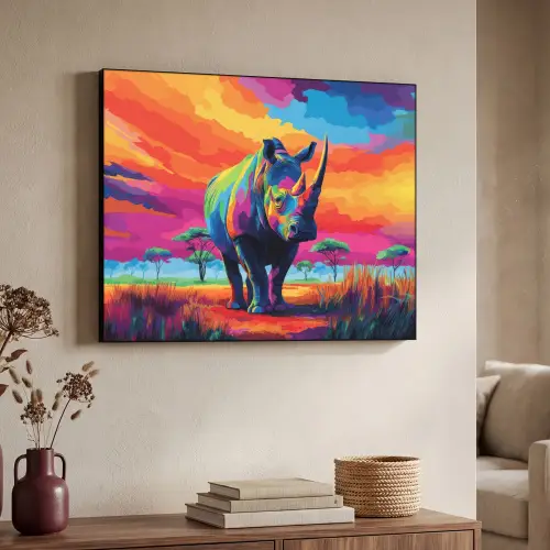 Neushoorn - Zonsondergang - Savanna - Kleurrijk Textielframe zwart klein -sfeer3
