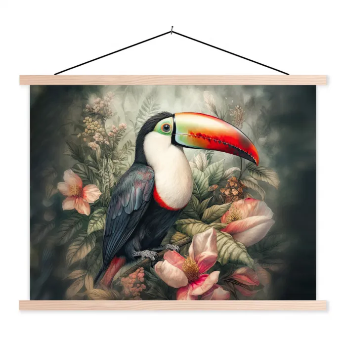 Toekan - Vogels - Bloemen - Planten - Tropisch textielposter latten blank klein -3d