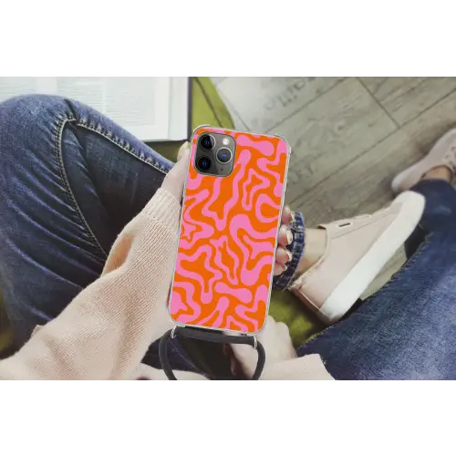 Patroon - Roze - Oranje - Abstract - Modern Hoesje iPhone 12 Pro met koord klein -hand