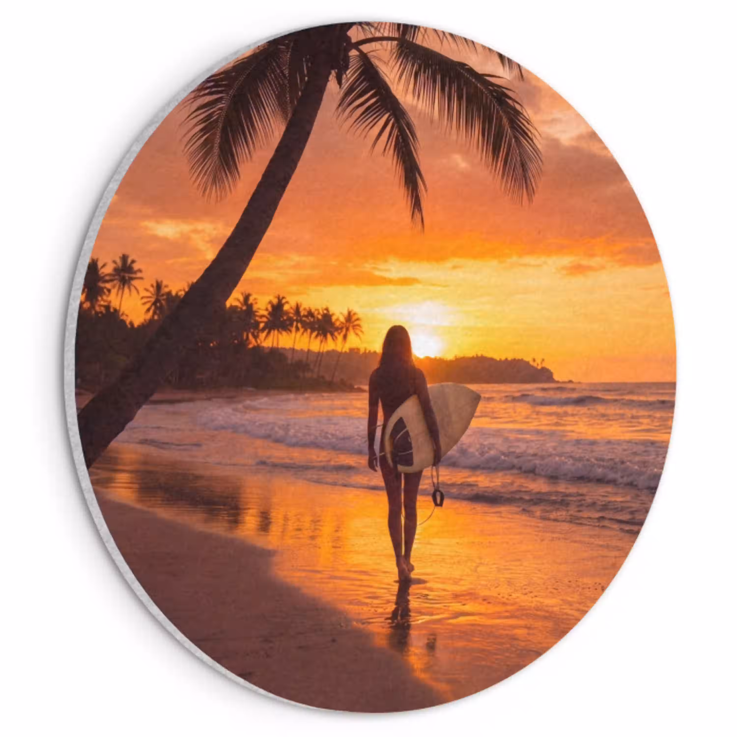 Vrouw - Surfplank - Strand - Zonsondergang - Oranje Akoestische PET Vilt - Rond klein -3d