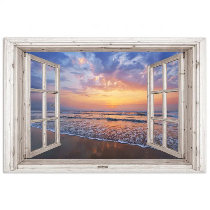 Doorkijk - Zee - Strand - Zonsondergang - Blauw poster papier klein -3d