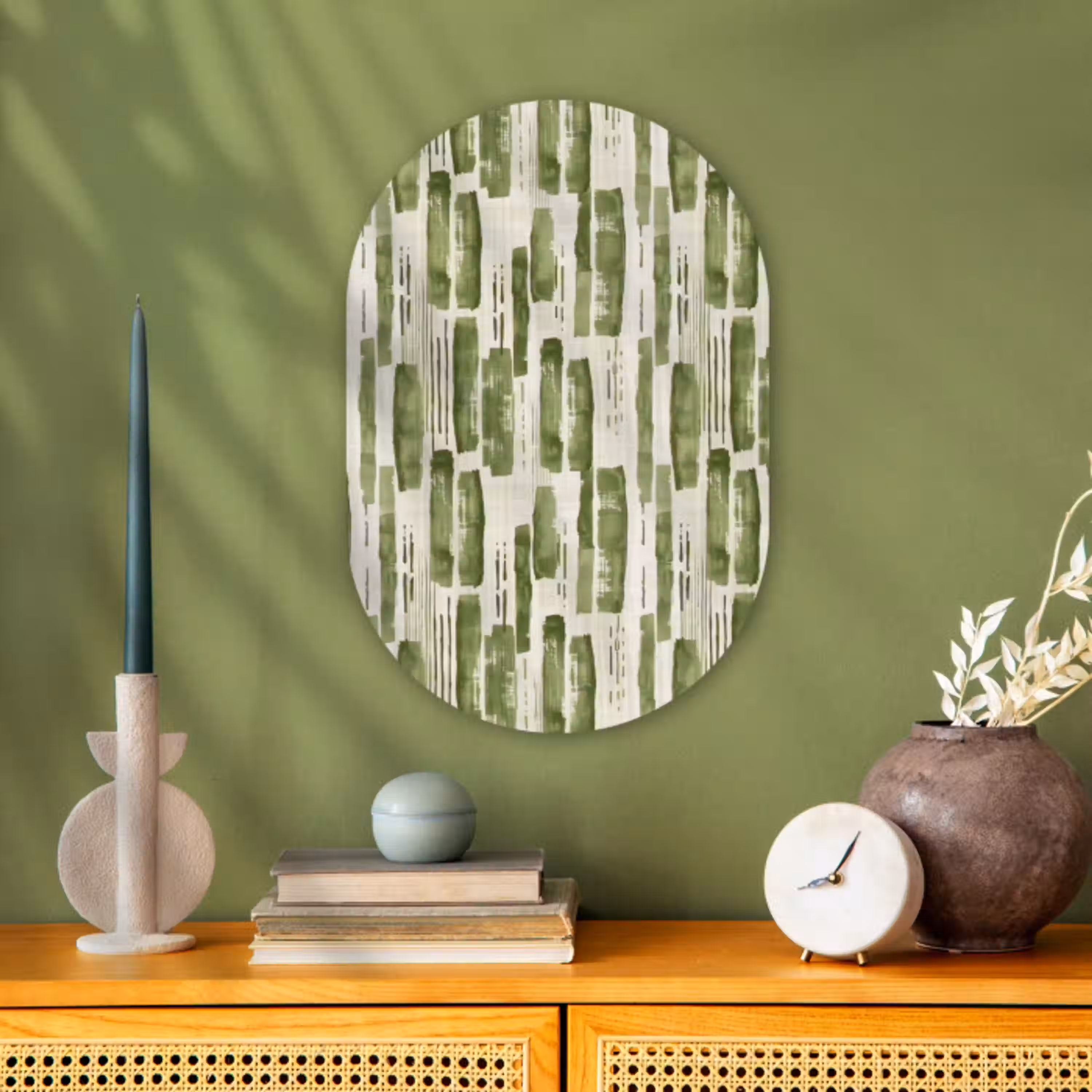Groen - Abstract - Penseelstreken - Linnen - Patroon Wandcirkel Ovaal Forex klein 630 -sfeer2