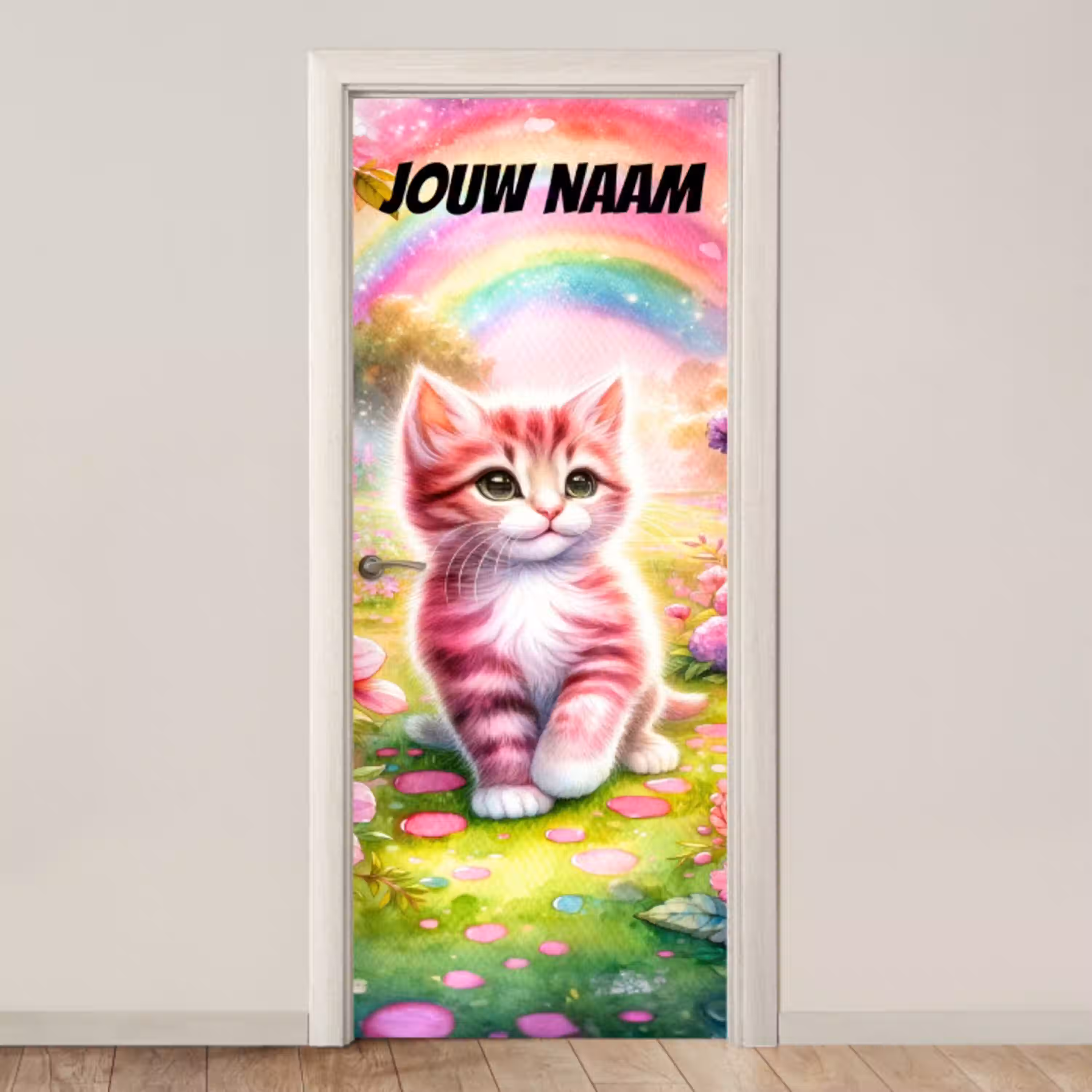 Schattige kitten in roze tinten met regenboog en de tekst “Deze kamer is van: jouw naam”. deurposter klein -3d_beige