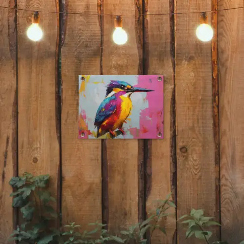 Ijsvogel - Roze - Tak - Penseelstreken tuinposter los doek klein -sfeer1