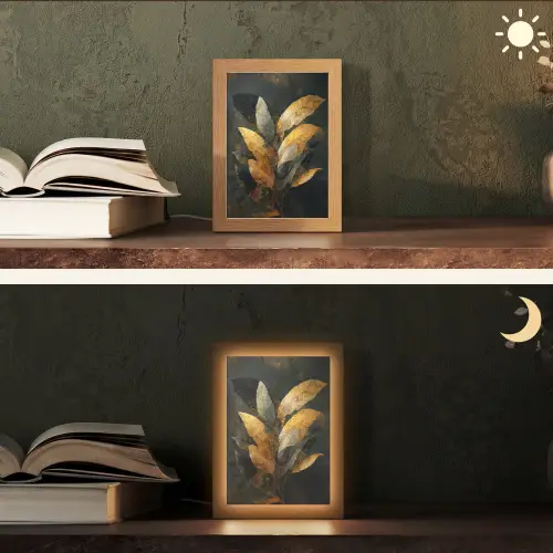 Gouden Bladcompositie – Botanische Luxe Light Box met kabel (Tafellamp) klein -sfeer3