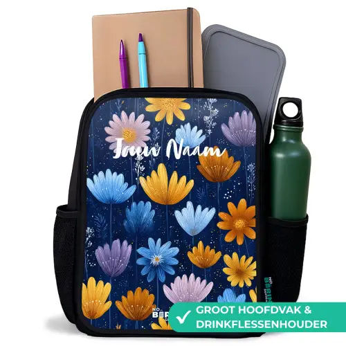 Bloemen op een donkerblauwe achtergrond Rugzak - Zwart middel -inhoud_NL