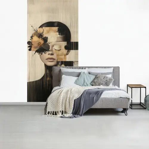 Gezicht - Bloemen - Zwart - Vrouw fotobehang vinyl groot -slaapkamer