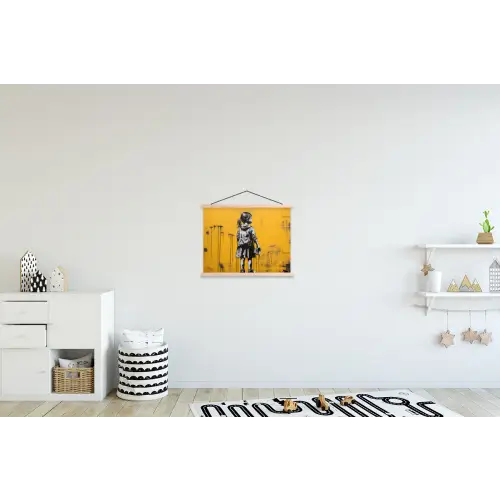 Meisje - Boek - Gele Muur - Graffiti textielposter latten blank klein -kinderkamer
