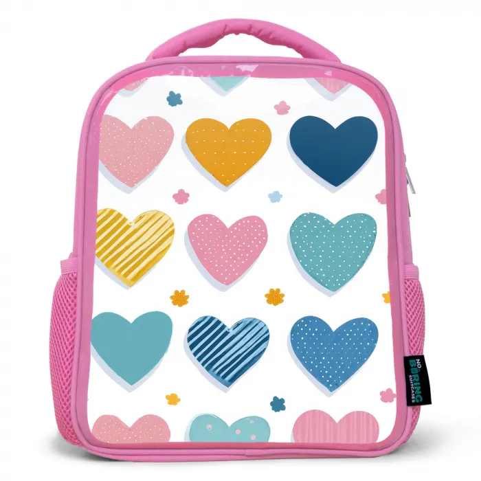 Hartjes - Pastel - Kleurcontrast - Handgetekend Kinderrugzak - Roze middel -3d