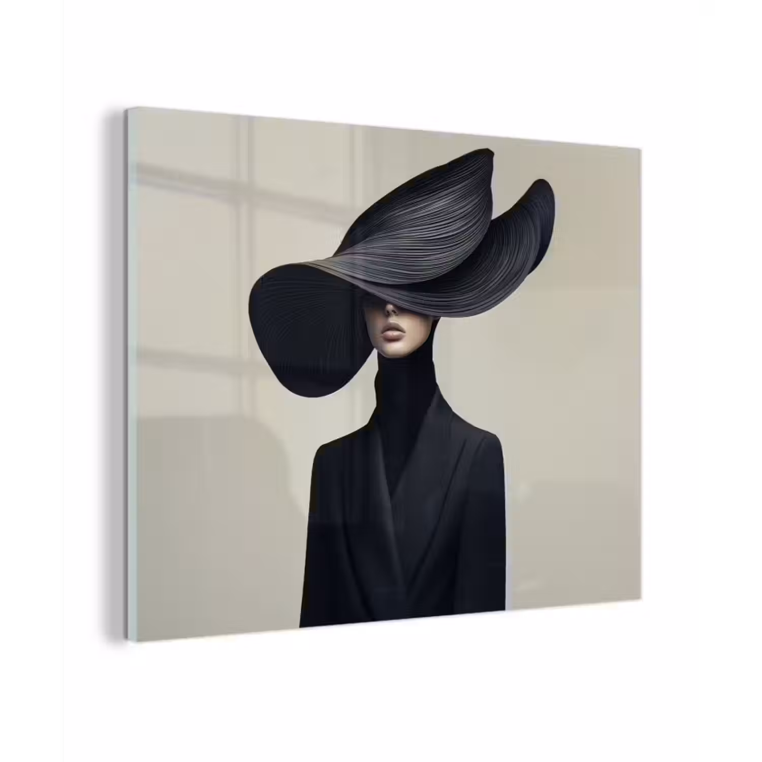 Glas schilderij - Zwart - Vrouw - Hoed