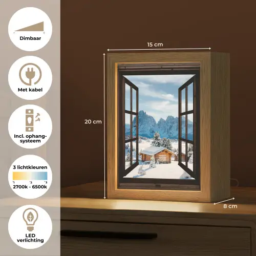 Doorkijk - Winter - Landschap - Huisje - Bergen Light Box met kabel (Tafellamp) klein -USP_NL