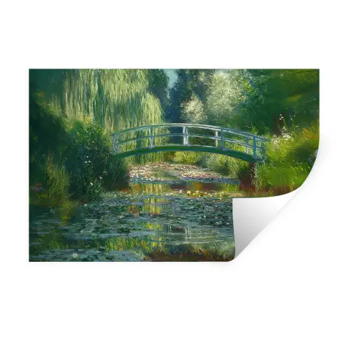 Brug - Hout - Vijver - Waterlelies Muursticker klein -3d