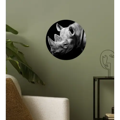 Dieren - Neushoorn - Zwart - Wit - Portret Wandcirkel behangsticker klein -sfeer2
