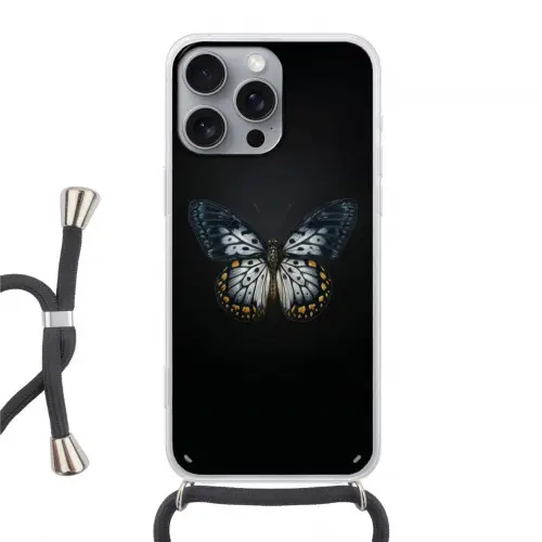 Vlinder - Monochroom - Balans Hoesje iPhone 16 Pro Max met koord klein -3d