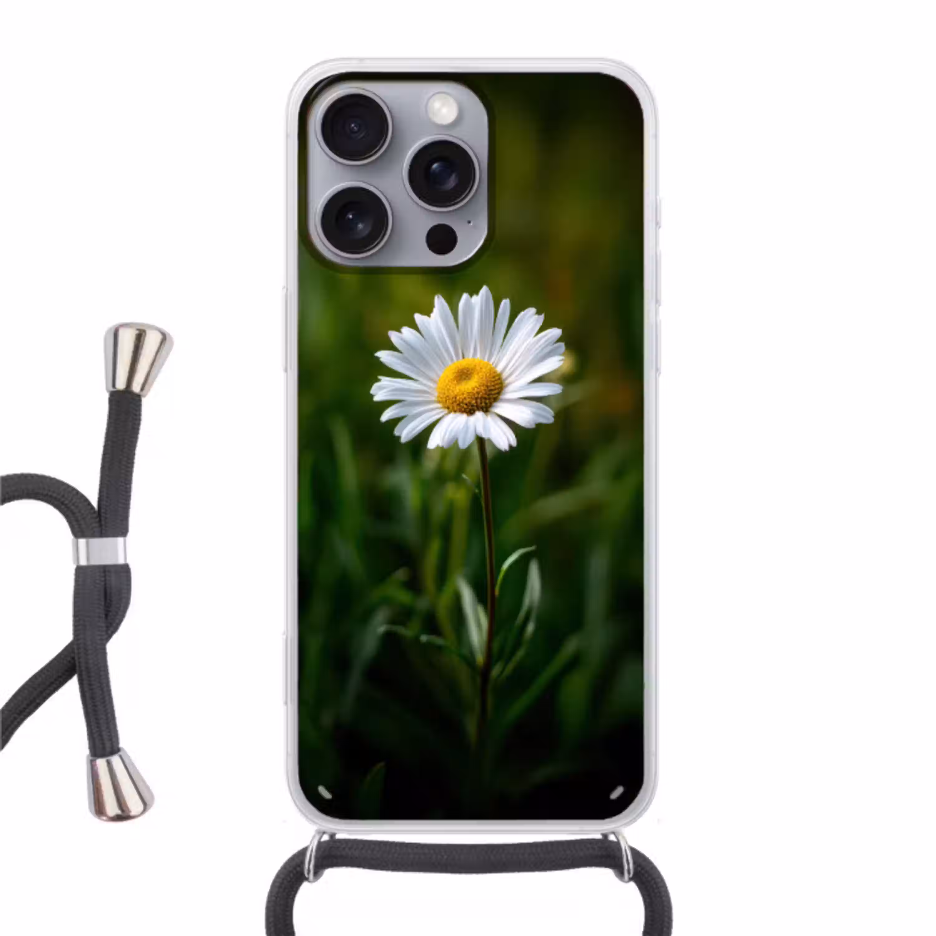 Wit - Madeliefje - Bloem - Gras Hoesje iPhone 16 Pro Max met koord klein -3d