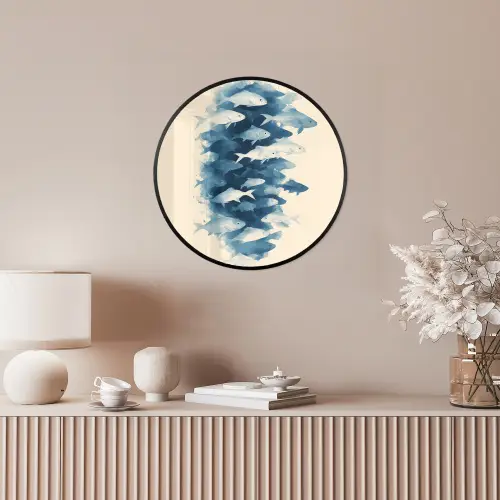 Vissen - Minimalistisch - Blauw Fotolijst rond zonder passe partout klein -sfeer3