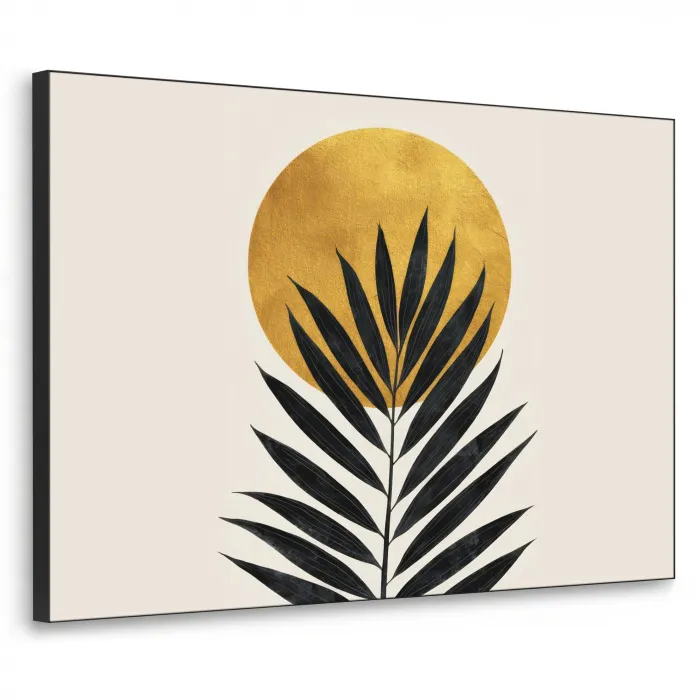 Zwart palmblad - Gouden cirkel - Beige achtergrond Textielframe zwart klein -3d