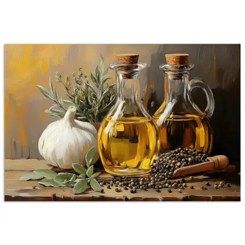 Stilleven - Olijfolie - Knoflook - Kruiden poster papier klein -3d