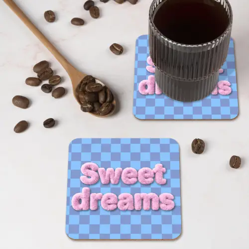 Sweet dreams - Vierkanten - Roze - Blauw onderzetter kurk middel -sfeer2