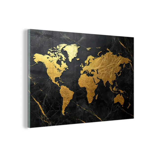Glas schilderij - Wereldkaart - Goud - Marmer