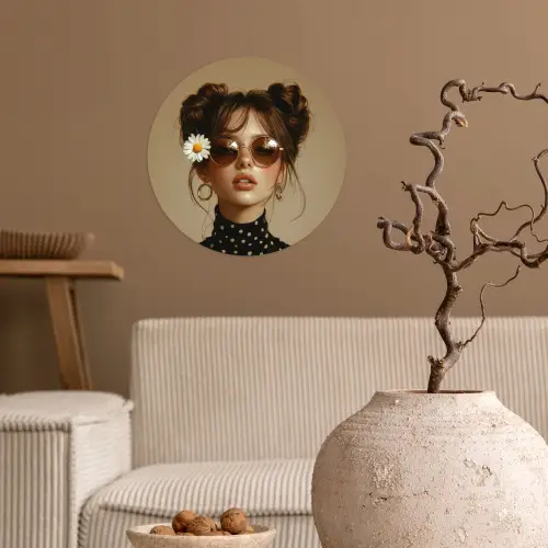 Vrouw - Beige - Bloem - Modern - Portret Wandcirkel behangsticker klein -sfeer1