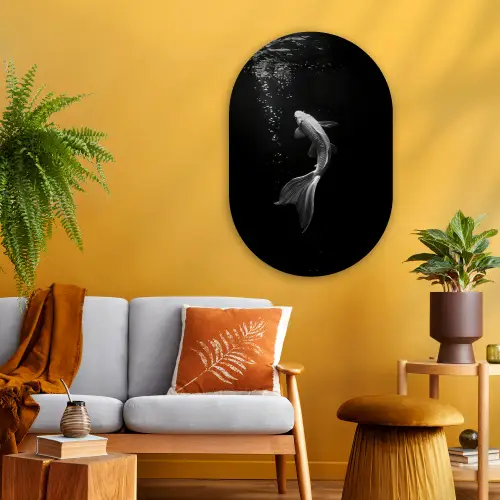 Koi - Vis - Wit - Zwart Wandcirkel Ovaal Glas middel -sfeer4