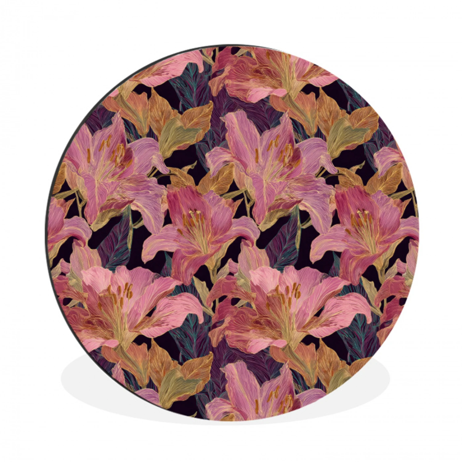 Lelies - Patroon - Roze - Goud Wandcirkel aluminium klein 190 -3d