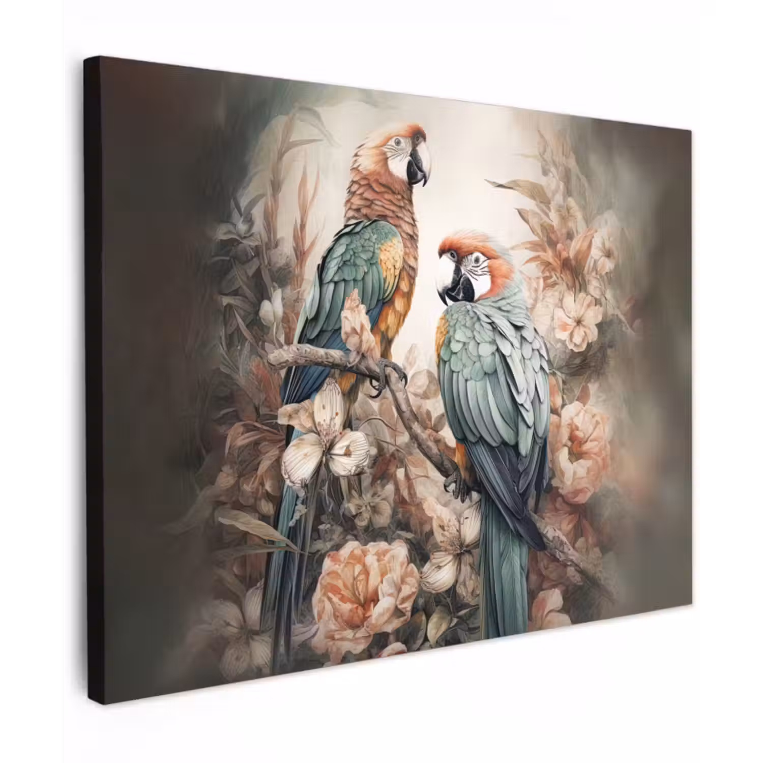 Canvas schilderij - Papegaaien - Vogels - Natuur - Bloemen