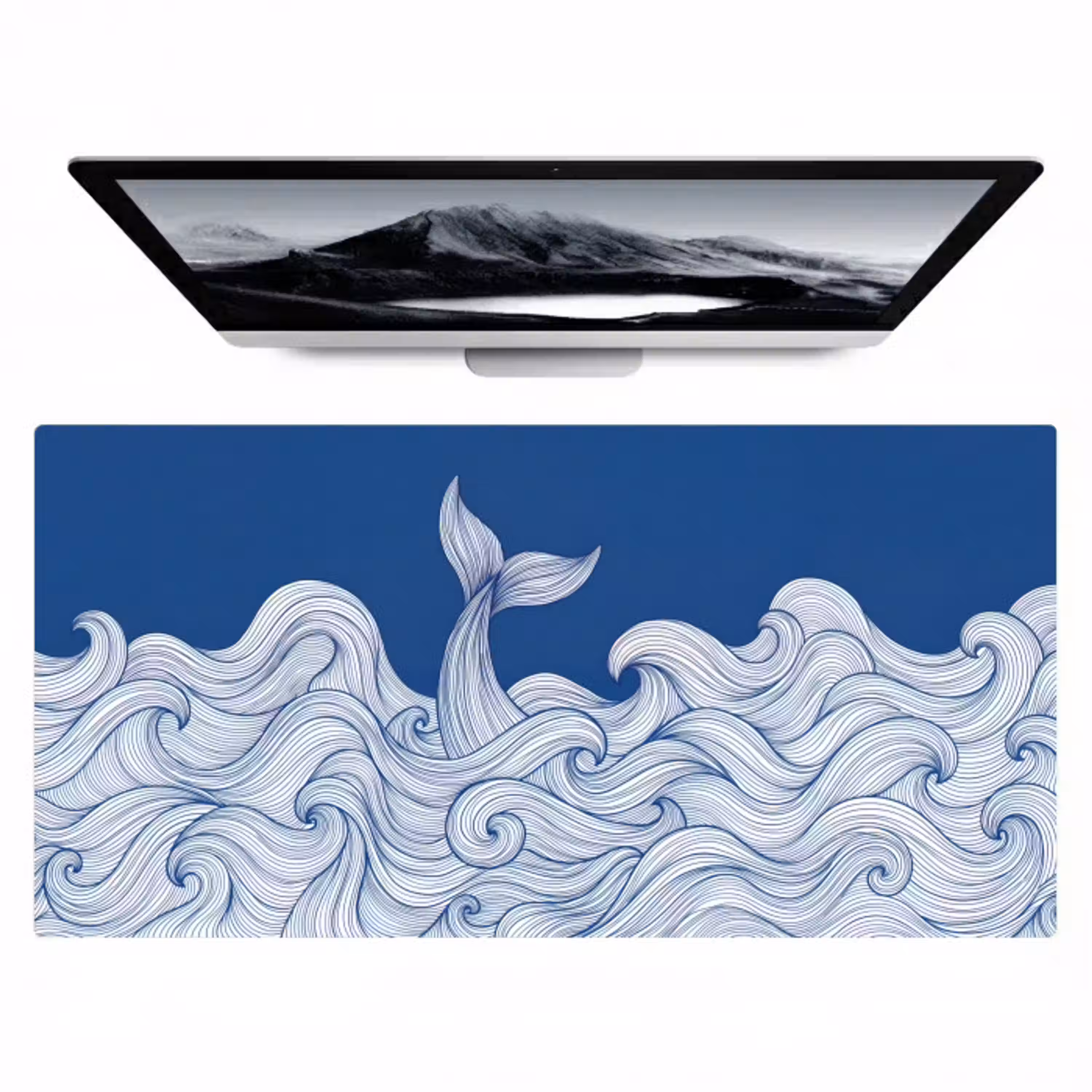 Walvis - Staart - Golven - Lijntekening - Blauw Muismat XXL klein -zzz3d
