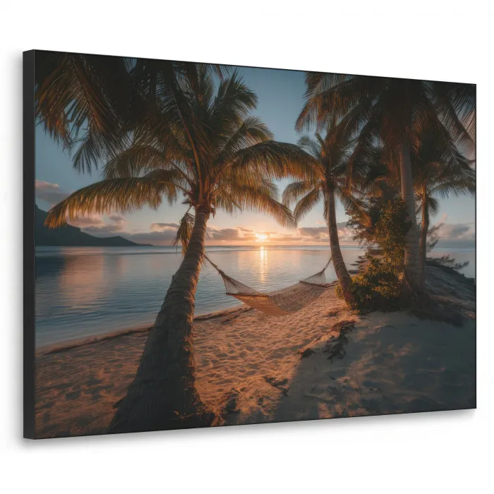 Palmbomen - Hangmat - Strand - Zonsondergang Textielframe zwart klein -3d