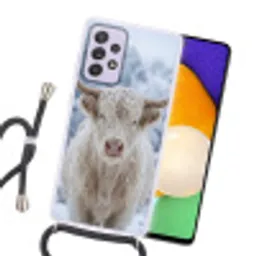 Schotse Hooglander - Sneeuw - Bergen - Winter Hoesje Samsung Galaxy A52 5G met koord klein -sfeer1