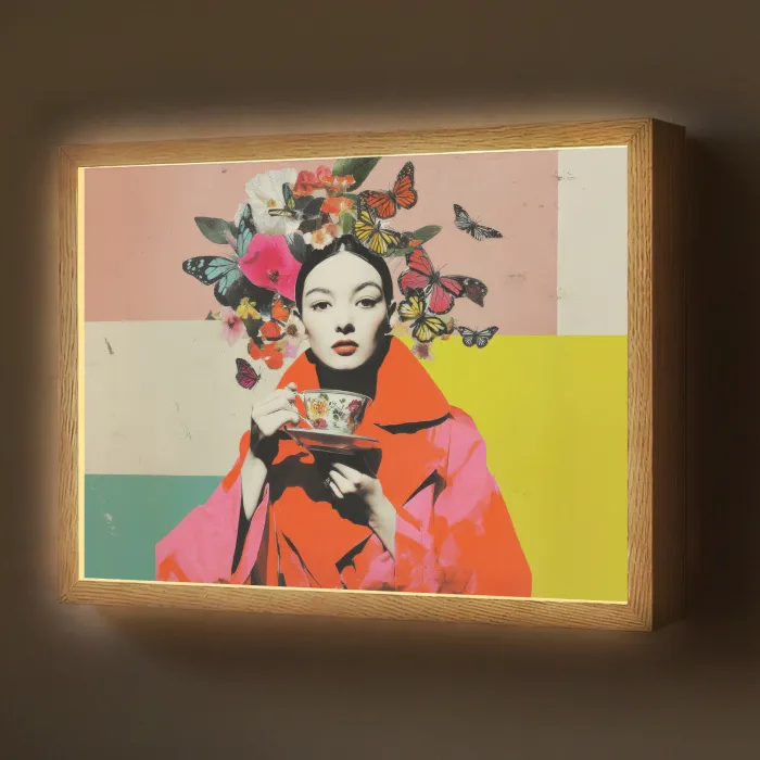 Retro - Vrouw - Kopje - Vlinders Light Box met batterij (Wandlamp) middel -z3d_website