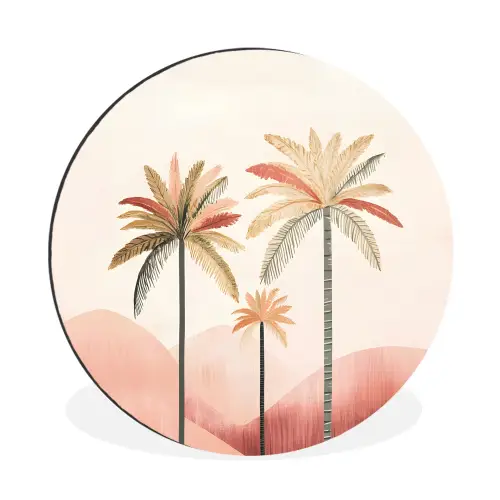 Palmbomen - Heuvels - Minimalistisch - Zachtroze Wandcirkel aluminium klein -3d